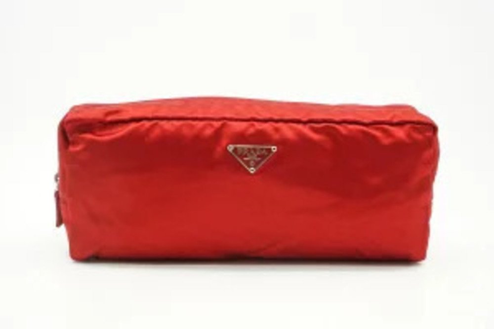 Prada Pouch Cosmetic Case Makeup Triangular Plate Satin Red